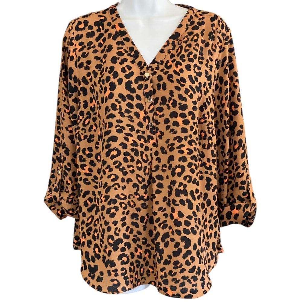 Leopard Print Blouse L V Neck Roll Tab Sleeve Animal Print Mob Wife Office Siren - Picture 3 of 9